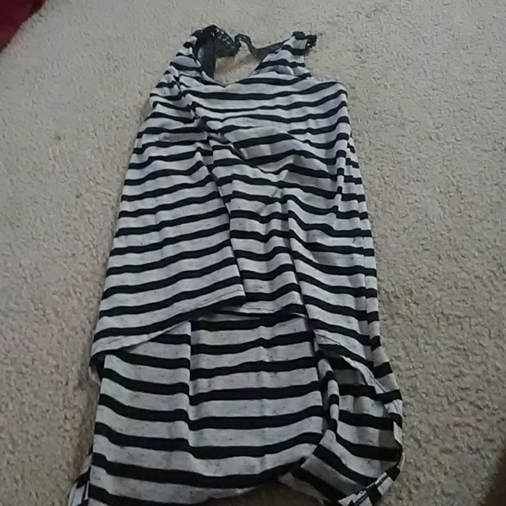 Flowy black and light grey stripy top w/ lacy back